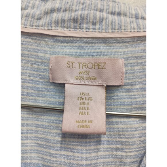 St. Tropez West Womens Shirt Size Large Blue Pinstripes Linen Coastal Resort - Picture 3 of 7